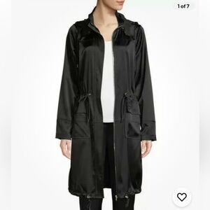 Elie Tahari Jacket Black Satin Kendra Anorak Removable Hooded Sz Small